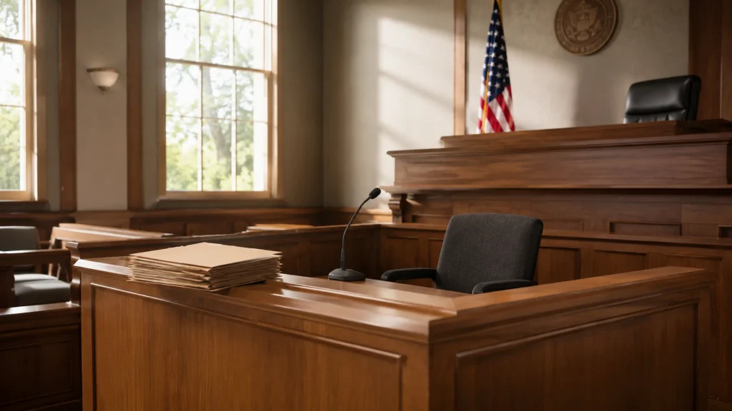 Empty witness stand in a quiet courtroom, representing a Daubert challenge to expert bonding and attachment evaluation testimony in Florida