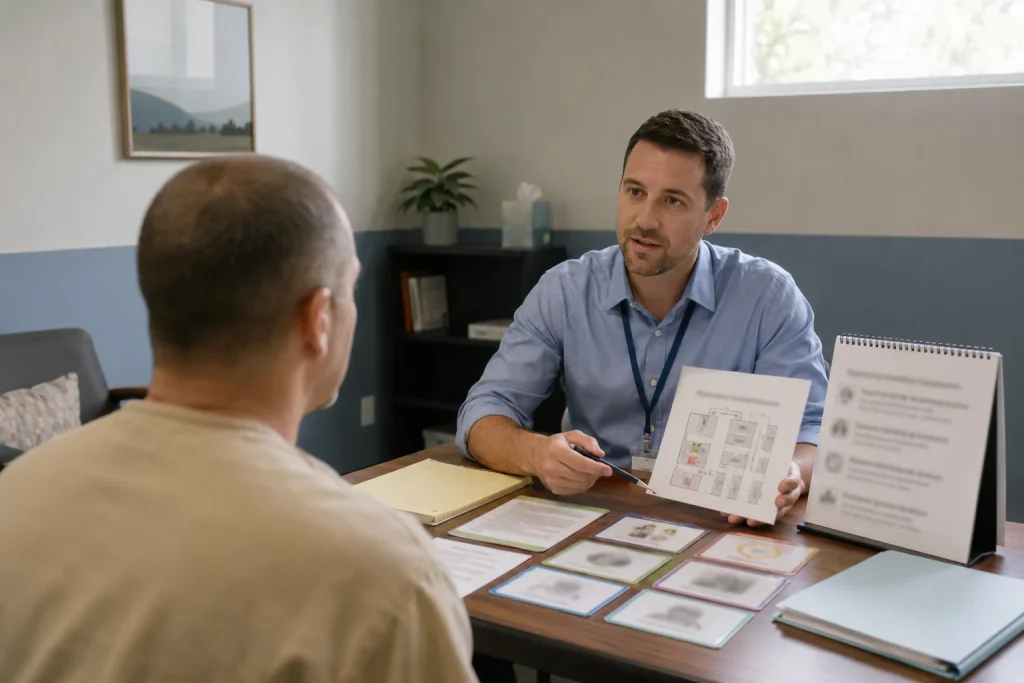 Mental health professional meeting with a defendant during competency restoration in Florida