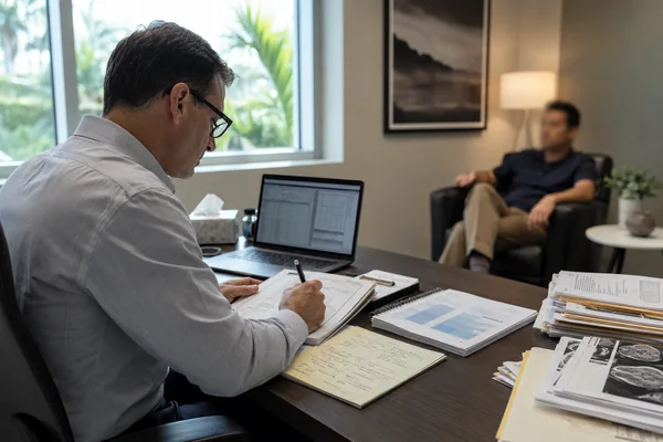 Forensic psychologist completing testing, records review, and clinical analysis for an injury case