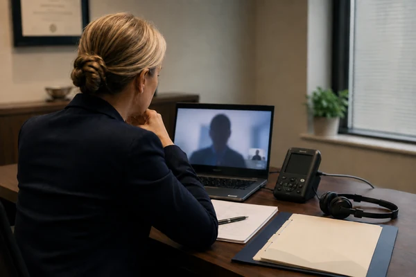 Psychologist conducting a secure remote immigration evaluation with an interpreter