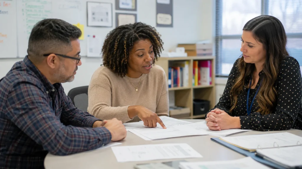 Parent, teacher, and specialist reviewing an evaluation report during a Florida ESE/IEP meeting
