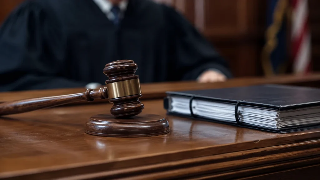 Judge's bench with a gavel and an evaluation report, showing the judge decides custody