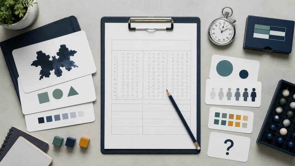 Generic psychological assessment tools used to detect malingering arranged on a desk