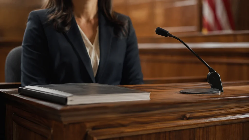 Expert witness stand with a microphone and forensic evaluation report in family court