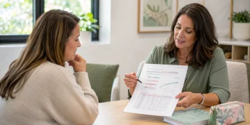 Child psychologist reviewing psychoeducational re-evaluation results with a parent