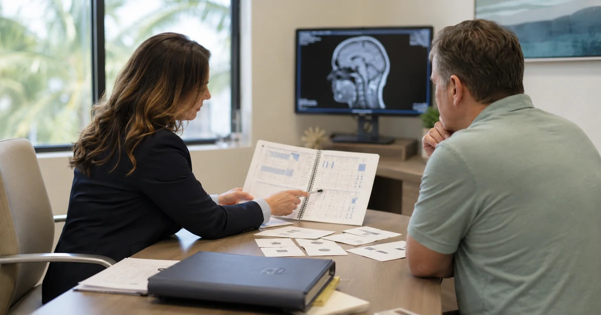 Forensic neuropsychologist reviewing cognitive test results after a traumatic brain injury