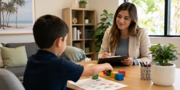 Child completing a psychoeducational evaluation with a psychologist in a Florida office