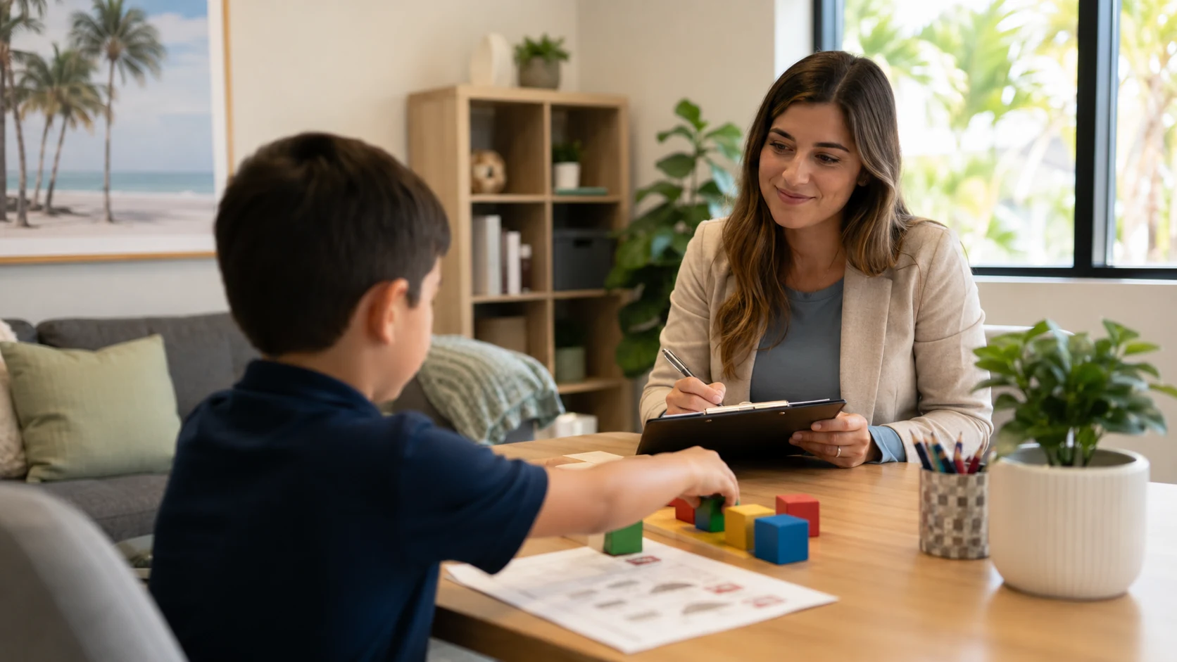 Child completing a psychoeducational evaluation with a psychologist in a Florida office