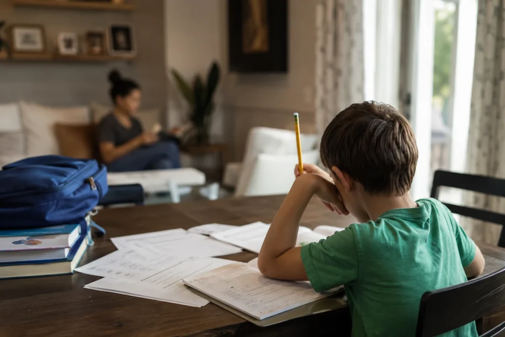 Elementary student working through increasingly difficult reading and math assignments