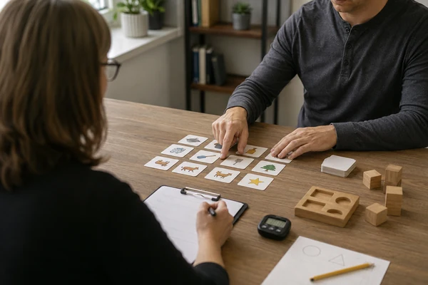 Neuropsychologist administering memory and attention tests during a brain injury evaluation