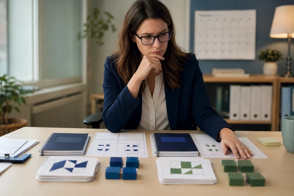 Psychologist reviewing repeated cognitive test materials before re-testing a child