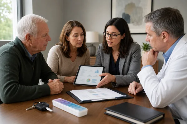 Care team reviewing Parkinson's cognitive evaluation results with a patient and family member