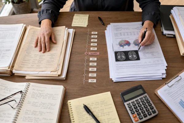 Neuropsychologist comparing pre-injury records with post-injury cognitive test results