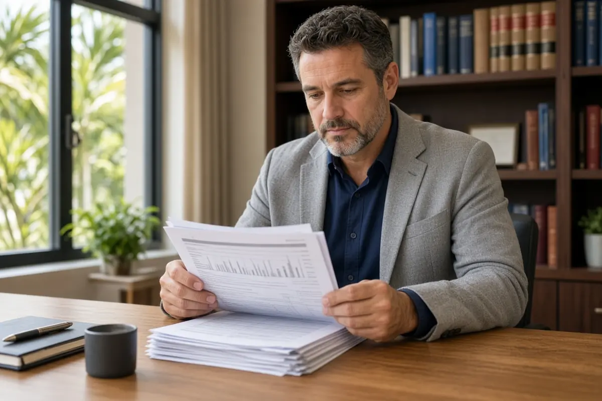 Forensic psychologist reviewing personal injury records and psychological test results in a professional Florida office