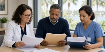 Three professionals reviewing separate written reports at a conference table in a bright Florida medical office during a guardianship capacity evaluation