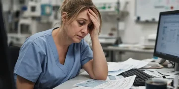 Exhausted female nurse in scrubs sitting at a hospital desk, hand pressed to forehead while staring at medical charts and a computer screen, illustrating long COVID brain fog affecting work capacity