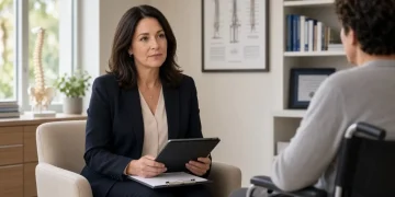 Professional forensic psychologist conducting a spinal cord injury psychological evaluation with a patient in a modern clinical office