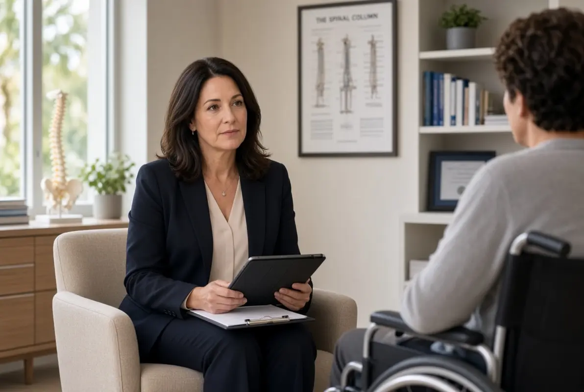 Professional forensic psychologist conducting a spinal cord injury psychological evaluation with a patient in a modern clinical office