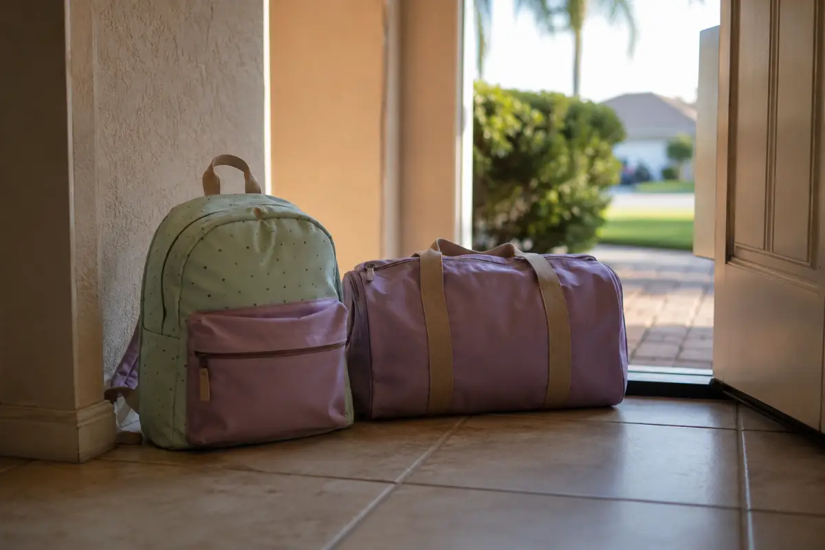 Two bags packed for a 50-50 time-sharing exchange at a Florida home