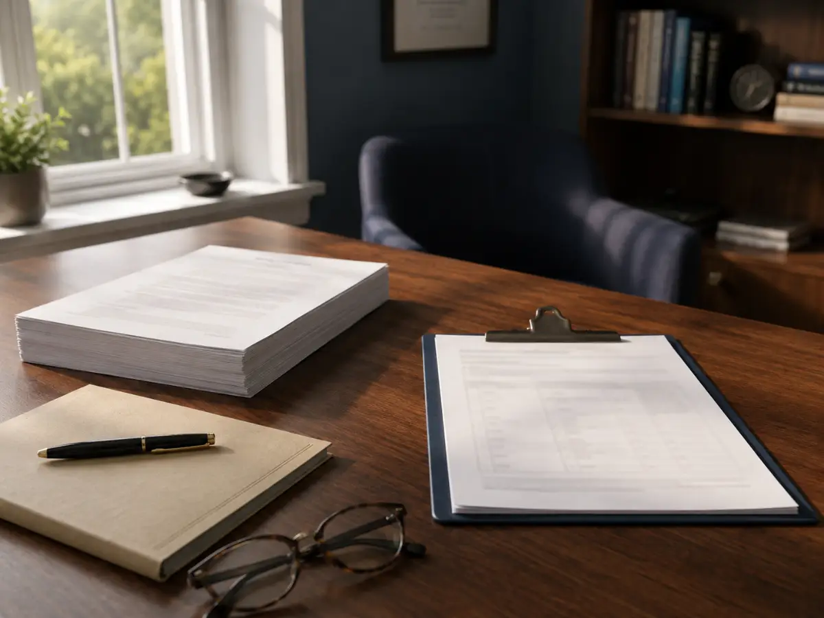 Desk set up for a contractual capacity evaluation in a Florida forensic psychology office