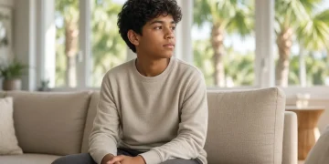 Photorealistic image of a thoughtful pre-teen child sitting with a neutral expression in a bright Florida living room, soft natural light, conveying the weight of expressing a preference in a custody case