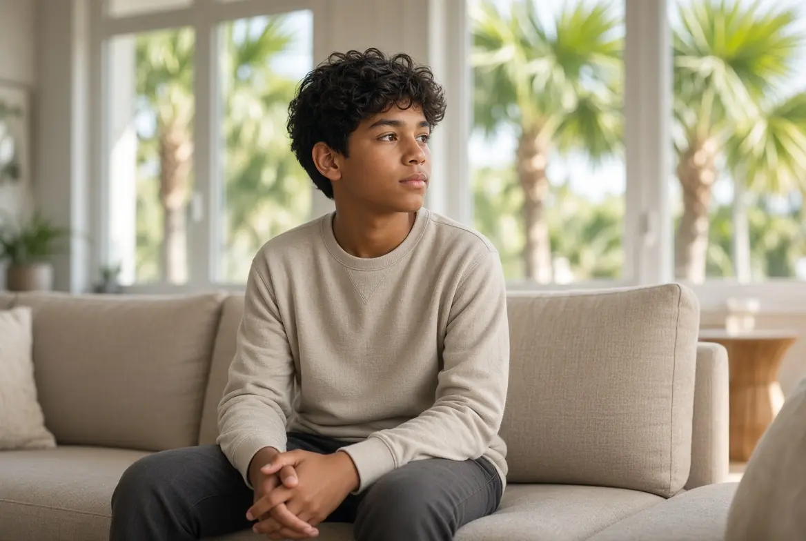 Photorealistic image of a thoughtful pre-teen child sitting with a neutral expression in a bright Florida living room, soft natural light, conveying the weight of expressing a preference in a custody case
