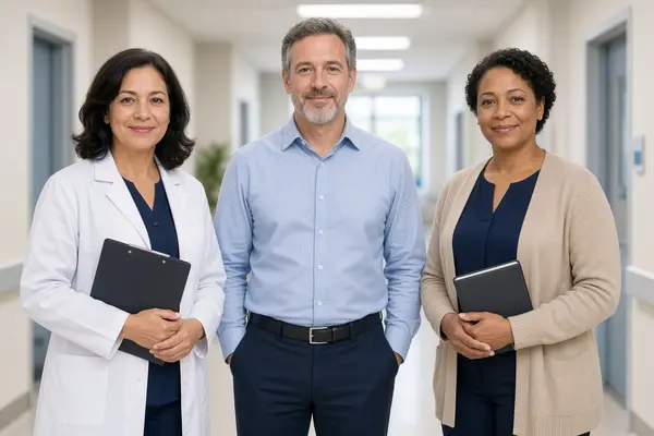 Diverse three-member Florida guardianship examining committee consisting of a physician, psychologist, and licensed social worker standing together in a professional medical hallway