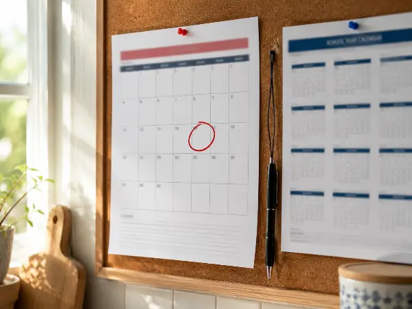 Kitchen calendar with a circled date for a Florida ESE evaluation deadline