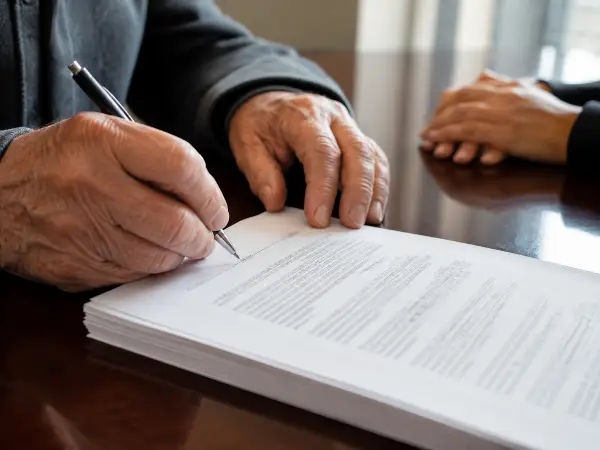 Older adult signing a multi-page contract at a conference table