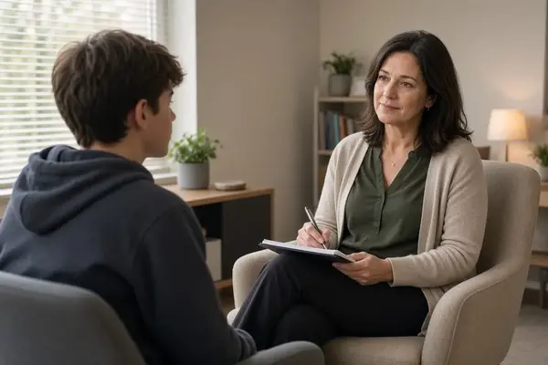 Photorealistic scene of a professional forensic psychologist interviewing a calm child in a comfortable office setting during a Florida time-sharing evaluation