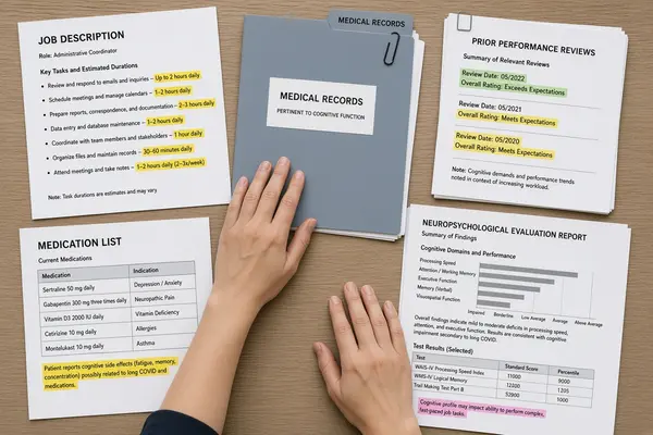 Desk covered with job description, medical records, performance reviews, and neuropsychological test report ready for a long COVID disability evaluation
