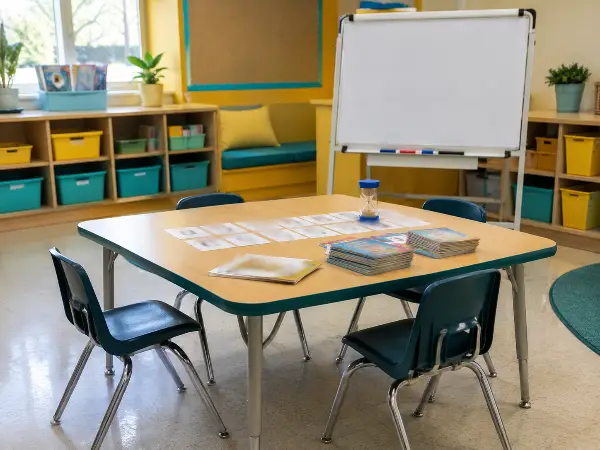 Small-group MTSS reading intervention table in a Florida elementary classroom