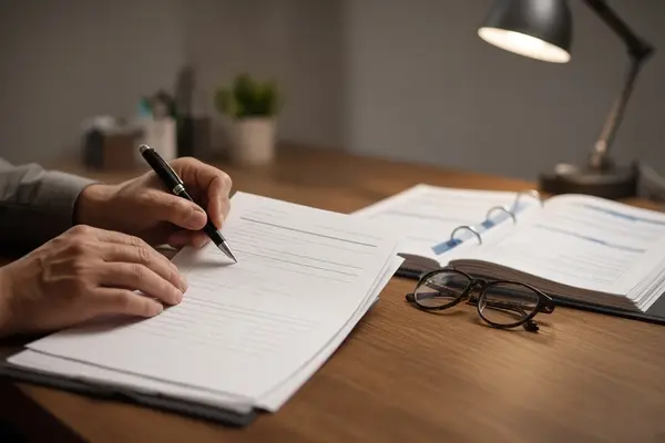 Close-up of hands writing detailed notes on a capacity evaluation form while reviewing eight specific rights during a Florida guardianship examining committee assessment