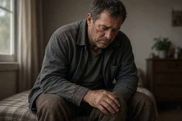 Photorealistic portrait of an injured worker sitting alone looking contemplative, illustrating early post-injury depression