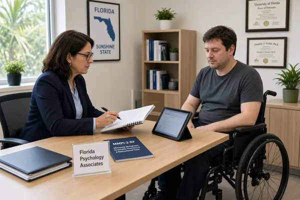 Forensic psychologist administering standardized psychological tests and validity measures to a spinal cord injury patient