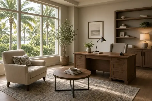 Photorealistic exterior and interior view of a professional psychological evaluation office in South Florida with calm waiting area and soft natural light
