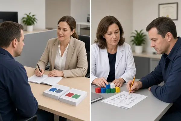 Photorealistic side-by-side contrast of a short vocational interview versus a detailed neuropsychological testing session