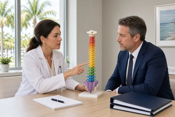 Forensic psychologist and attorney reviewing a detailed anatomical spine model showing different injury levels, with documents oriented toward them