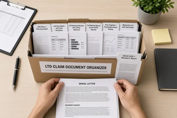 Hands organizing a labeled document organizer containing LTD policy, job description with task durations, performance reviews, medical records, prior cognitive testing, medication list, and denial letter for a long COVID neuropsychological evaluation
