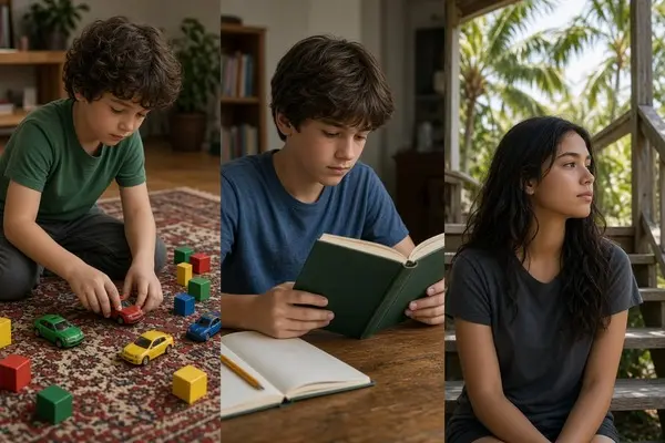 Photorealistic collage-style image showing three children of different ages (around 7, 12, and 16) in everyday settings, illustrating how articulation of preference changes with age