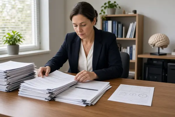 Neuropsychologist reviewing a full battery of detailed neuropsychological test materials on a desk while a simple cognitive screening form sits aside, illustrating that a MoCA score alone is not a capacity finding