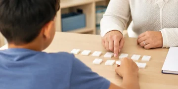 A woman teaching a child with dyslexia