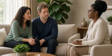 Couple discussing relationship concerns with therapist