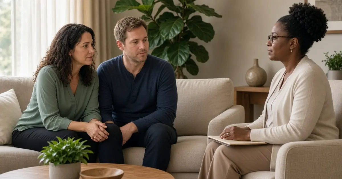 Couple discussing relationship concerns with therapist