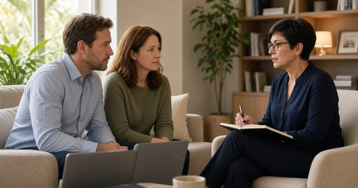 Parents discussing court-ordered therapy with a mental health professional