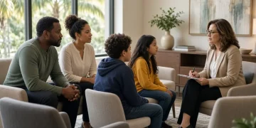Family discussing therapy attendance with a psychologist
