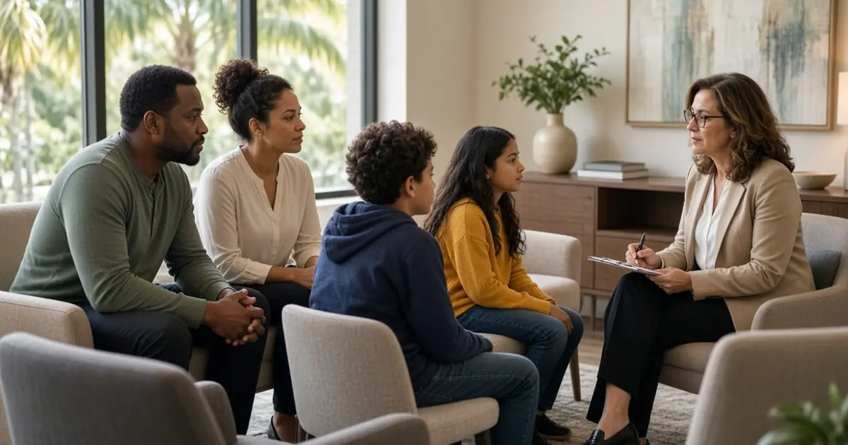 Family discussing therapy attendance with a psychologist