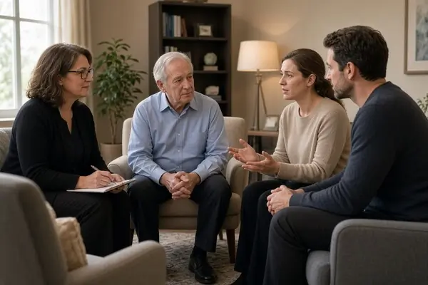 Therapist guiding an aging parent and adult children