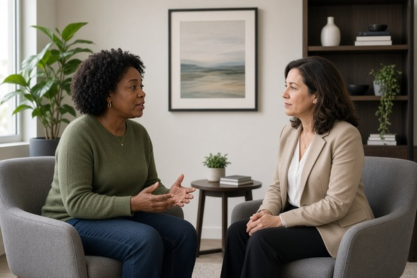 Therapist talking with a client during a first session