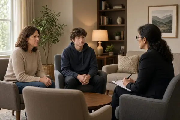 Parent and child speaking with a family therapist